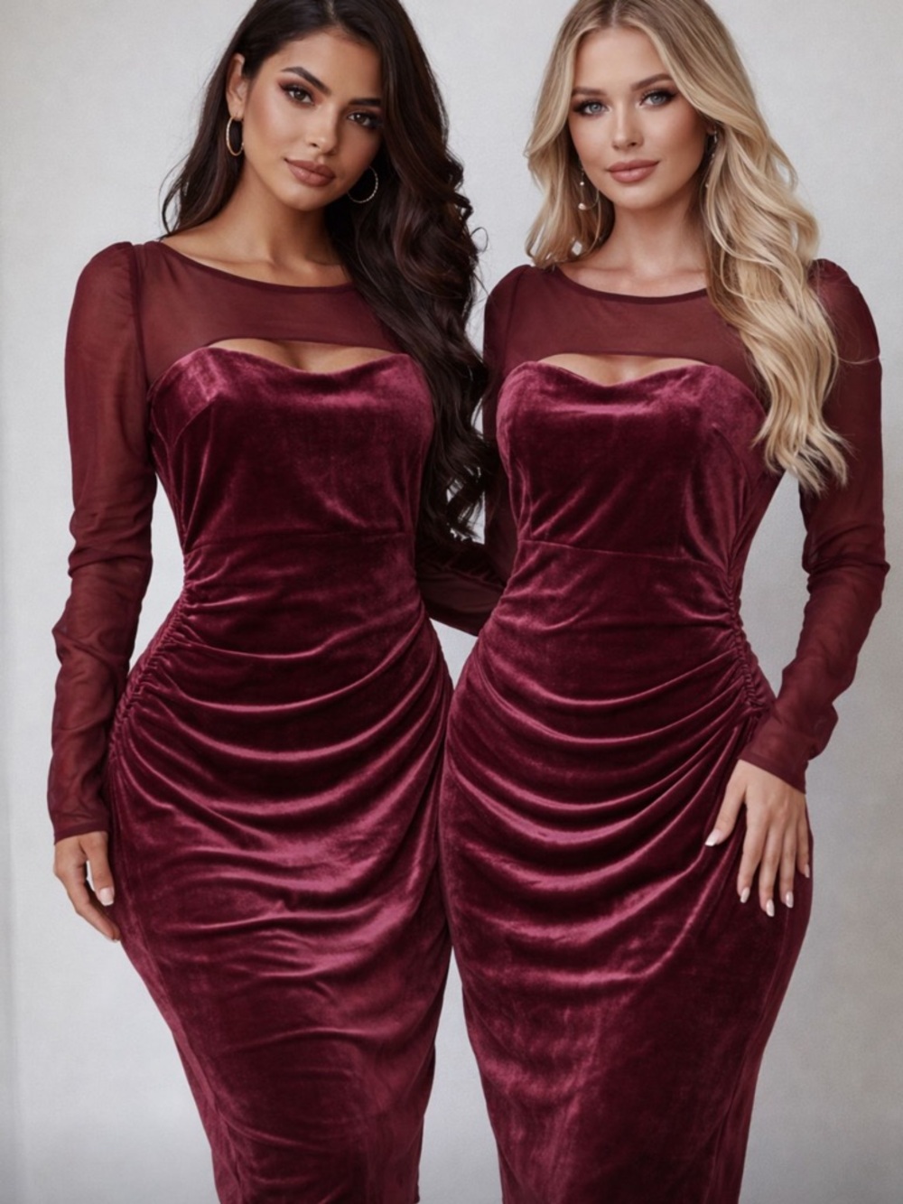 INC Long Sleeved Velour/ Mesh Ruched Formal Dress